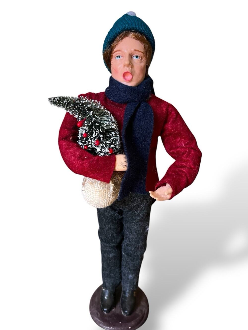Vintage Christmas Caroler Figure Gentleman Decor Felt Clothing 12.5 Inch Square